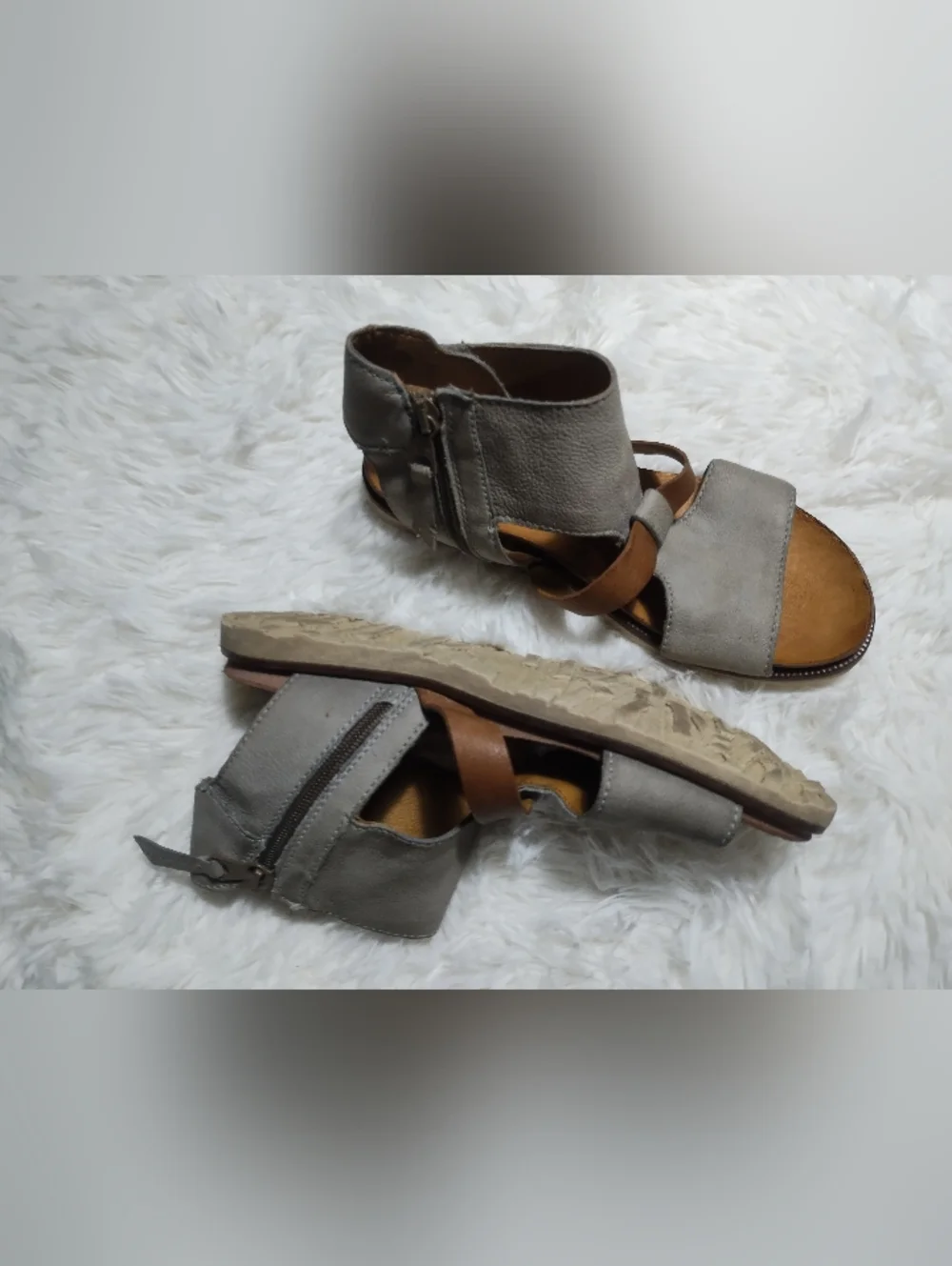 Miz Mooz Gray and Brown Leather Strappy Sandals